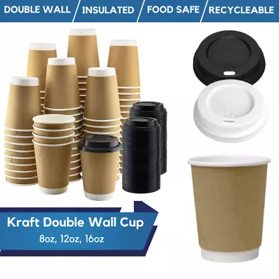 Disposable Coffee Cups Double Wall BlackWhiteKraft Takeaway Cups Reusable Lid • £14.49