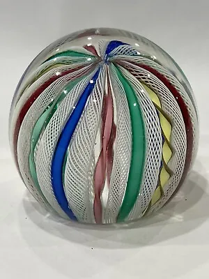 Vtg Murano Zanfirico Art Glass Paperweight Latticino W/Pink Blue Green Ribbons • $175