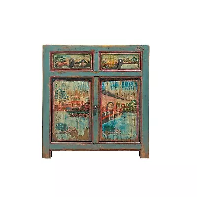 Chinese Distressed Turquoise Blue Old Graphic Credenza Cabinet Cs7312 • $1430