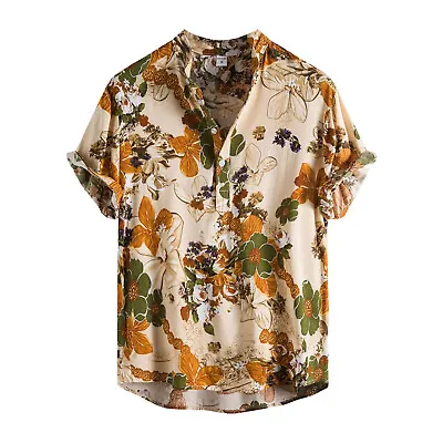 Men's Casual Henley Shirt Band Collar Short Sleeve Summer Beach Hippie T Shirt • $35.99