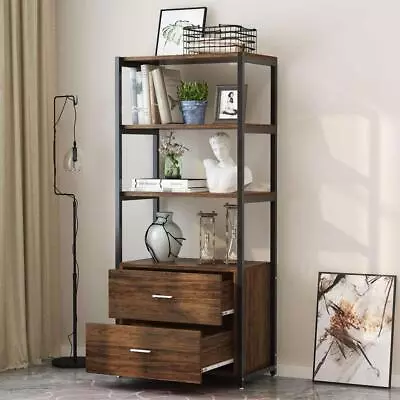 Tribesigns Vintage 4-Tier Bookcases W/ 2 Drawers Storage Cabinet For Home Office • $171.97