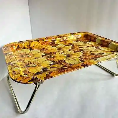 Mid Century Metal TV Lap Tray Folding Legs Gold Flowers Boho Hippy Flower • $20