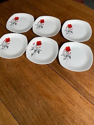 Vintage/Retro Midwinter Stylecraft Six Fashion Shape Tea Plates With Rose Print • £10