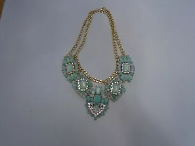 Mint Green  JadeFlower Necklace Rhinestone Goldtone Fashion Statement Jewelry  • $28.99