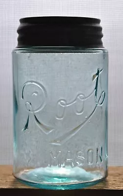 Vintage 1901~1932 ROOT MASON BLUE PINT FRUIT CANNING JAR W/ Thin Amber Streak • $45