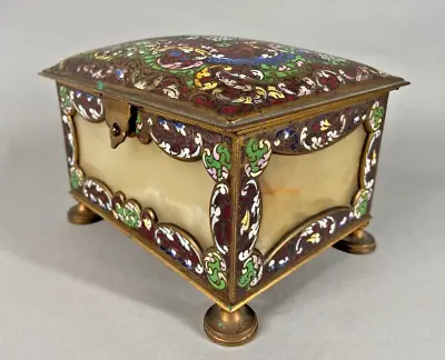 Antique 19th Century French Jewelry Box: Alabaster And Cloisonné Bronze Elegance • $550