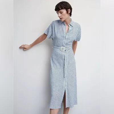 Mango MNG Womens Size 8 Linen Blend Blue White Striped Button Midi Dress New • $46.80