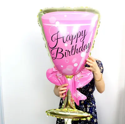 £2.28 • Buy Huge Pink Happy Birthday Wine Glass Foil Balloon Party Decoration Helium / Air