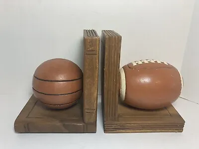 Vintage Solid Wood Football Basketball Bookends Handcrafted 7” • $24.99