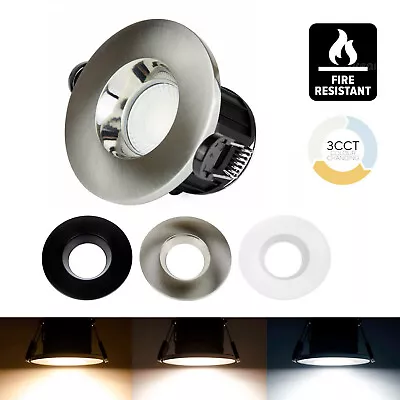 Fire Rated LED Downlight Dimmable 8.5W Tri-Colour CCT Adjustable IP65 3 Bezels • £13.95