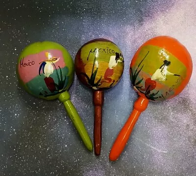 Vintage Hand Painted Carved Mexican Maracas Gourd Shaker Music Lot Of 3 • $19.99