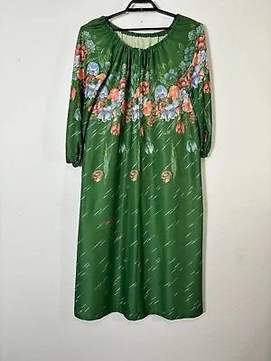 Vintage 1970s Maxi MuMu Dress Size L Green Hawaiian Floral Long Sleeve Polyester • $24.85