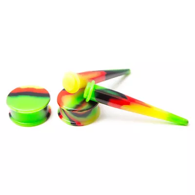 Ear Plugs And Acrylic Tapers Kit 4PCS Solid Silicone Metal Free Rasta Flag Color • $10.74