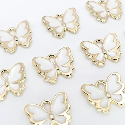 10 Gold Plated White Enamel Butterfly Charms Pendants Jewellery Making Charms • £3.60