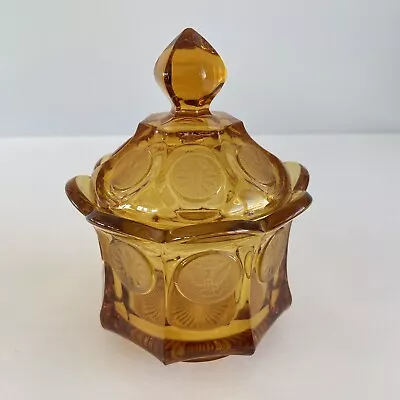 Vintage Fostoria Amber Coin Dot Glass Lidded Candy Sugar Dish Jar 5.5” • $13