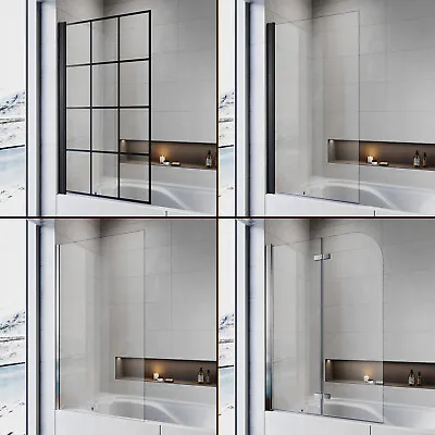 £134.99 • Buy Over Bath Shower Screen 5/6mm Black Grid/Clear Safety Glass Panel 3 Types Door