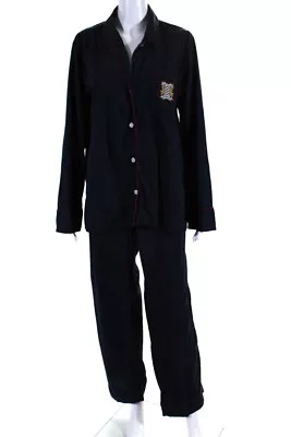 J Crew Womens Cotton Crest Patch Button Up Top Pants Pajama Set Navy Blue Size M • $34.99