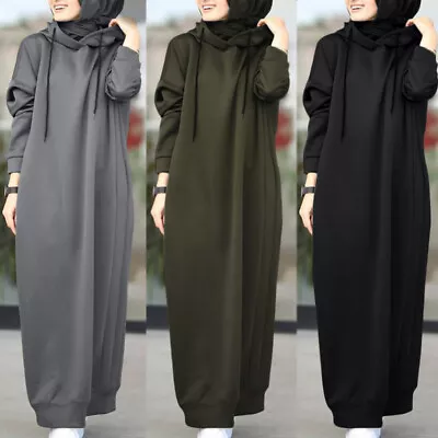 Women's Muslim Hoodie Sweater Long Sleeve Loose Maxi Abaya Jilbab Dress Tops UK • £12.74