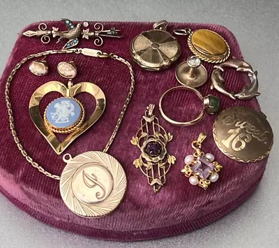 Vtg Victorian - Retro Gold Filled & RG Locket Pendant Ring Bracelet Earring Lot • $119