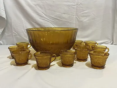 Vintage Indiana Glass Tiara Exclusive Amber Punch Bowl Set W/ 11 Cups • $40