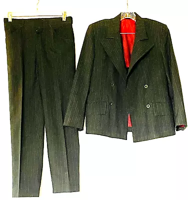 Vtg.Unbranded Plane Double Breasted Suit Black Pinstripe 38 Jacket -pant28 X26  • $35