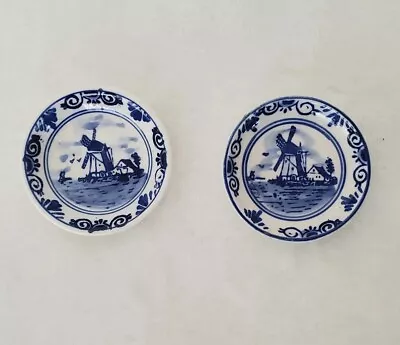 2 Vintage Miniature Plates Delfts Blue Windmill Handpainted 2 1/4  Diameter  • $14.19