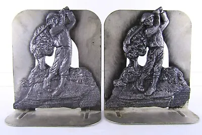 Vintage Raised Pewter And Aluminum Golfing Bookends Library Decor Heavy Set • $42.36