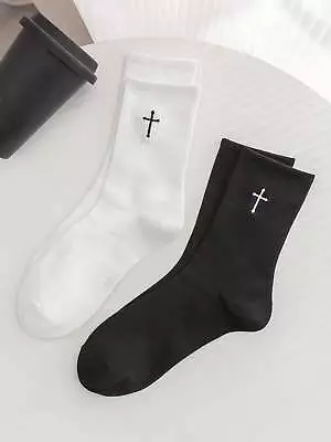 2pairs Black And White Cross Embroidered Crew Socks For Men Fun Socks Funky • $6.32