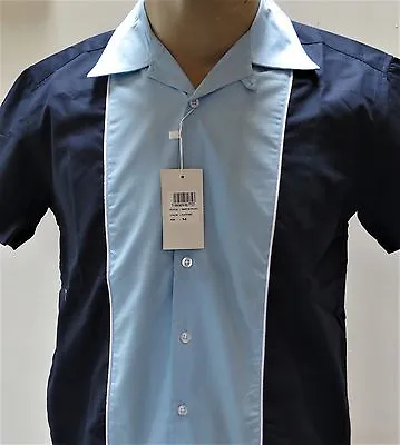 £32.99 • Buy Relco Men's Navy & Sky Bowling Shirt, Retro 50's Short Sleeve.
