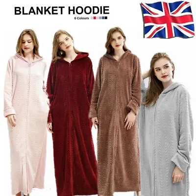 Ladies Extra Long Hooded Dressing Gown Bath Robe Warm Soft Fleece Zip Up Robes • £27.69