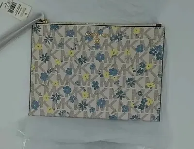 Michael Kors Zip Clutch Wristlet Bag Vanilla/Luggage/Floral MK Logo New • $54.99