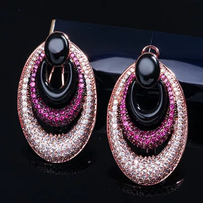 Rose Gold Plated Cubic Zirconia Bridal Big Party Large Round Black Hoop Earrings • $13.96