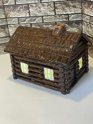 RARE Vintage Brown Ceramic Wood Cabin  Cookie Jar Hand Painted Soft Gloss Finish • $49