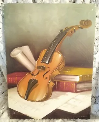 Vintage Signed Painting On Canvas ~ Beautiful Violin Leaning On Books ~ Wallace • $29.95