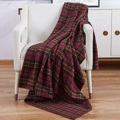 Brown & Wine Check Fleece Blanket Soft Warm Single Double King Tartan Throw Bed  • £11.99