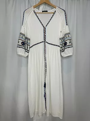 Zara Ivory Embroidered Boho Midi Maxi Dress Size XS 3/4 Sleeve Resort Casual • $35