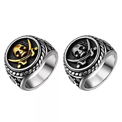 Mens Stainless Steel Vintage Skull Pirate Knife Death Cocktail Party Biker Ring • $10.99