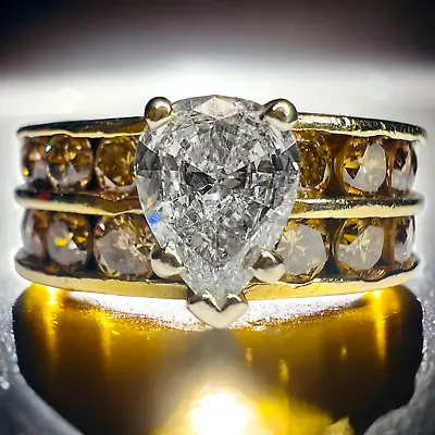 14k Yellow Gold 3ct Pear Diamond Wedding Ring Sz 6.5 Bridal Set Anniversary Gift • $6175