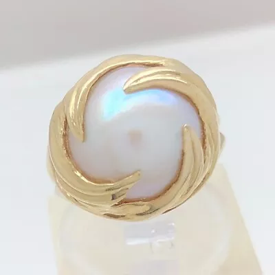 10K Solid Yellow Gold Mabe Pearl Wave Swirl Ring Size 4.5 Vintage Estate • $195