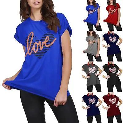 £4.49 • Buy Womens Ladies Valentines Heart Round Neck Love Print Turn Up Sleeve T-Shirt Top