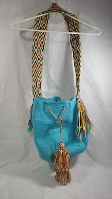 Crocheted Wayuu Mochila Cross-body Bag Handmade Artisans Blue BOHO Draw String • $18.58