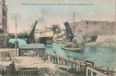 SHIP Manistee MI 1908 STEAMER Tug & Tow Boat John C. Mann PULLING THE SS MANITOU • $9.99