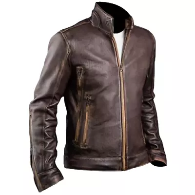 Men Biker Vintage Motorcycle Distressed Brown Cafe Racer Slim Fit Leather Jacket • $49.99