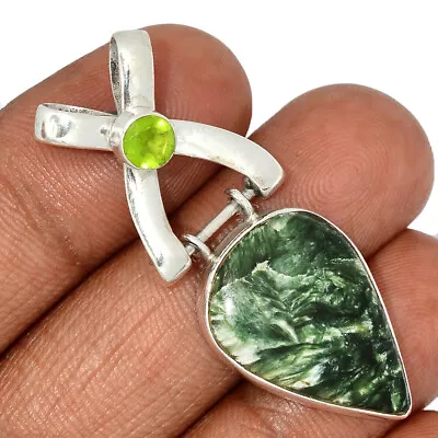 Natural Seraphinite & Peridot 925 Sterling Silver Pendant Jewelry CP42309 • $12.99