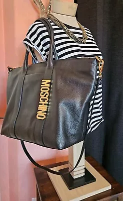 MOSCHINO Couture MILANO Gold Lettered Logo Black Leather Tote Crossbody Bag • $325