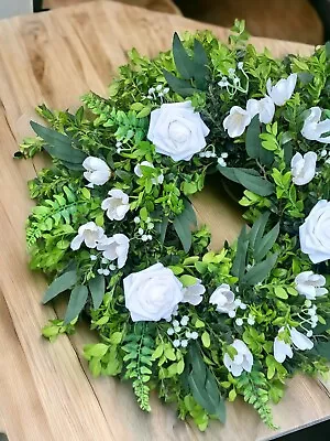 Handmade Spring Wreath  Fresh Artificial Silk  White Flowers Rose Door Green  • £24