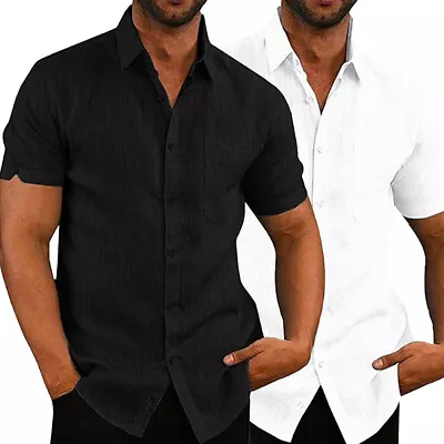 Mens Cotton Linen Shirts Summer Short Sleeve Casual Loose Tops Buttons T-shirt • $36.69