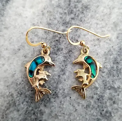 Vintage Dolphin Family Dangle Earrings Blue And Gold Tone Retro 90s Style • $5