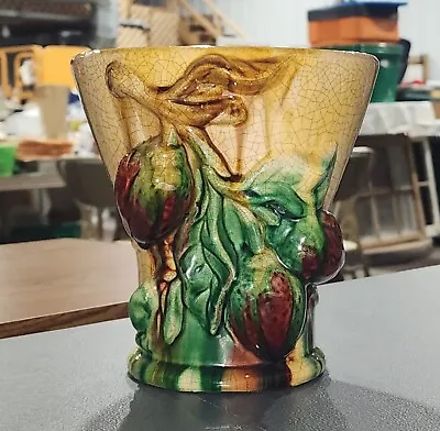 Strawberries Fruit Branch Majolica Vase Drip Crackle Glaze 6.5  X 6.25  • $35