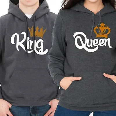 Nwt King Queen Gold Crown Couple Matching Valentine's Day Gray Hoodie Sweatshirt • $23.99